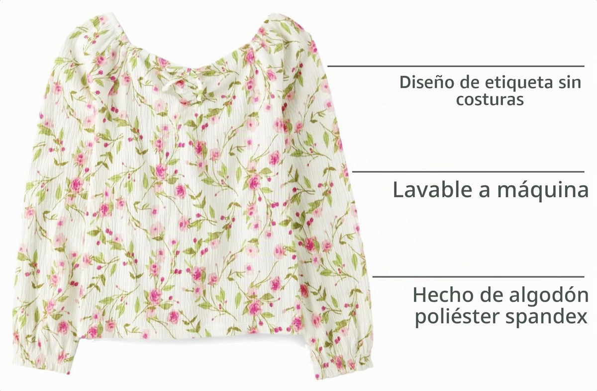 The Children's Place | Top Peplum Fruncido Nina Manga Larga | 58% Algodon 41% Poliester 1% Elastano | Cuello en V con Nudo Twist + Fruncidos | Punos Elasticos | Floral Rosas Peonias + Follaje Verde sobre Blanco Crema | Textura Crinkle (5 - 16T)