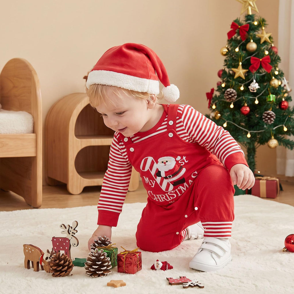 My 1st Christmas Santa | Conjunto Bebé Niño Mameluco Rayas Rojo + Peto Rojo Papa Noel + Gorro Navidad