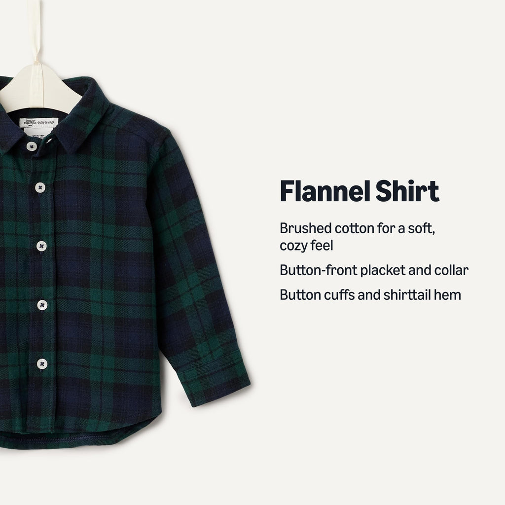 Amazon Essentials x Sofia Grainge Camisa Franela Niño | Cuadros Black Watch Verde/Navy • Navidad • 100% Algodón