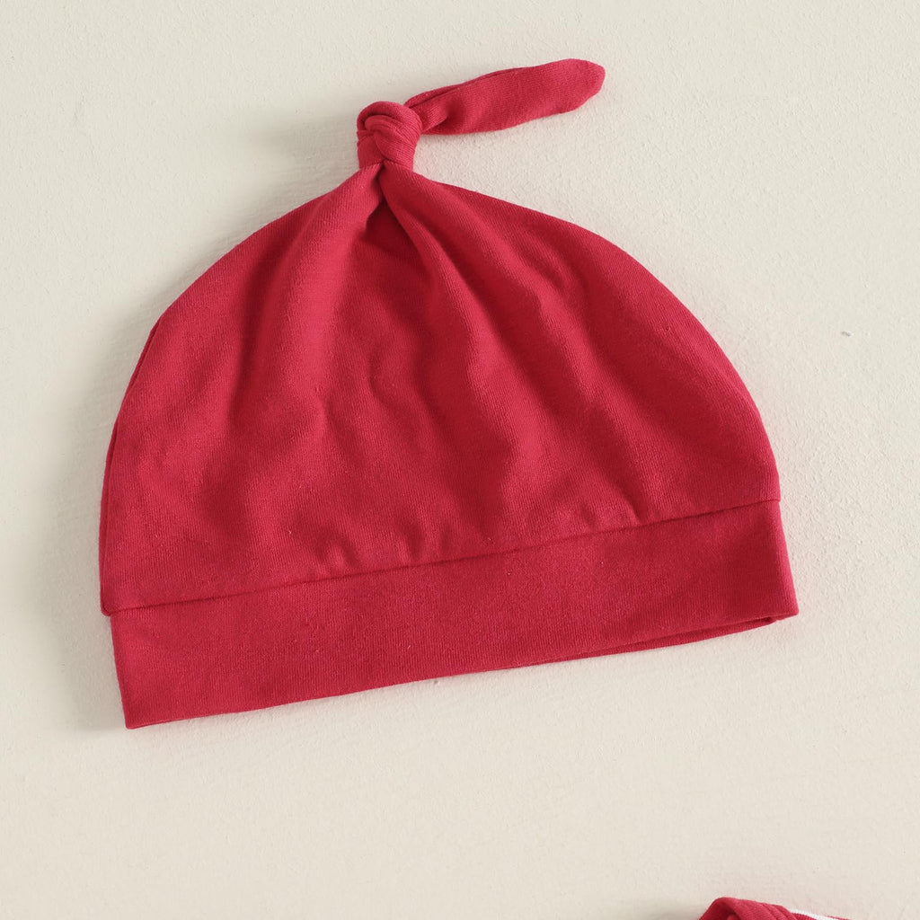 Santa Red Newborn Set | Conjunto 3 Piezas Bebé — Body Rayas Rojo + Overol Rojo + Papa Noel + Gorro Nudo