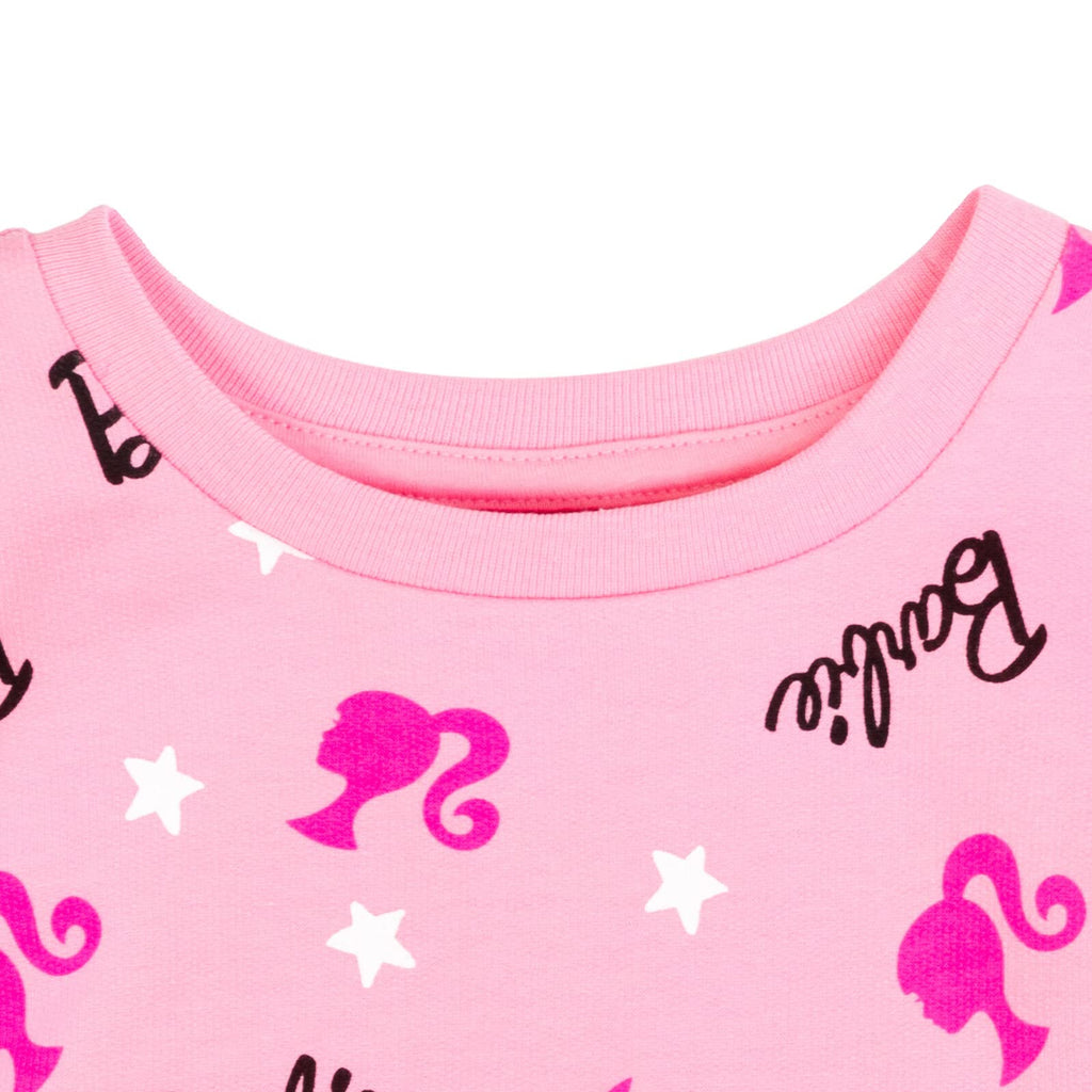 Barbie | Sudadera Nina Manga Larga | Felpa Francesa 60% Algodon 40% Poliester | Estampado All-Over Silueta Ponytail + Logo Cursivo + Estrellas Blancas | Cuello Redondo | Punos y Cintura Acanalados | Rosa (2 - 16)