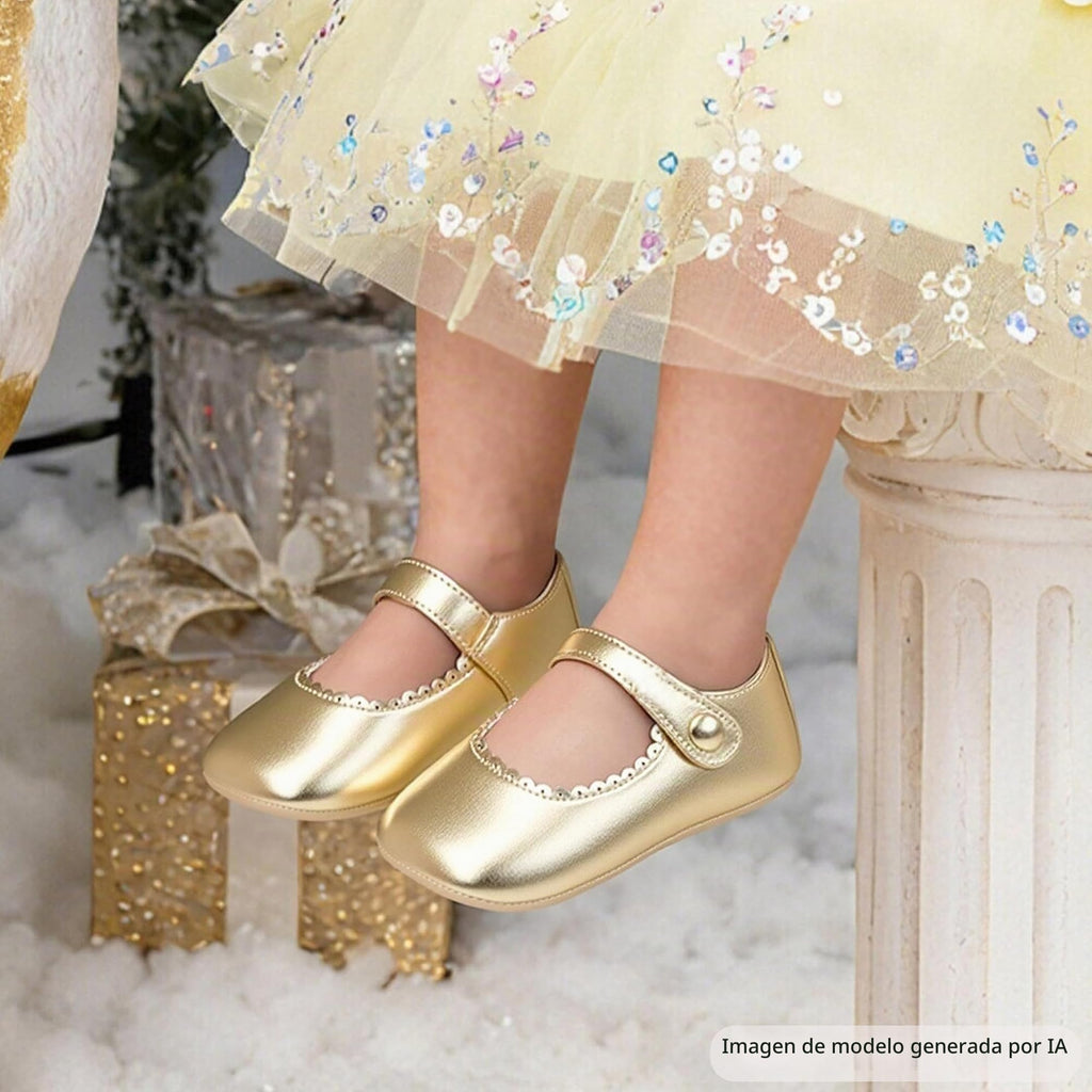 Zapatos de Vestir Antideslizantes de Suela Suave con Velcro para Bebé (Oro Brillante) – Félix & Flora