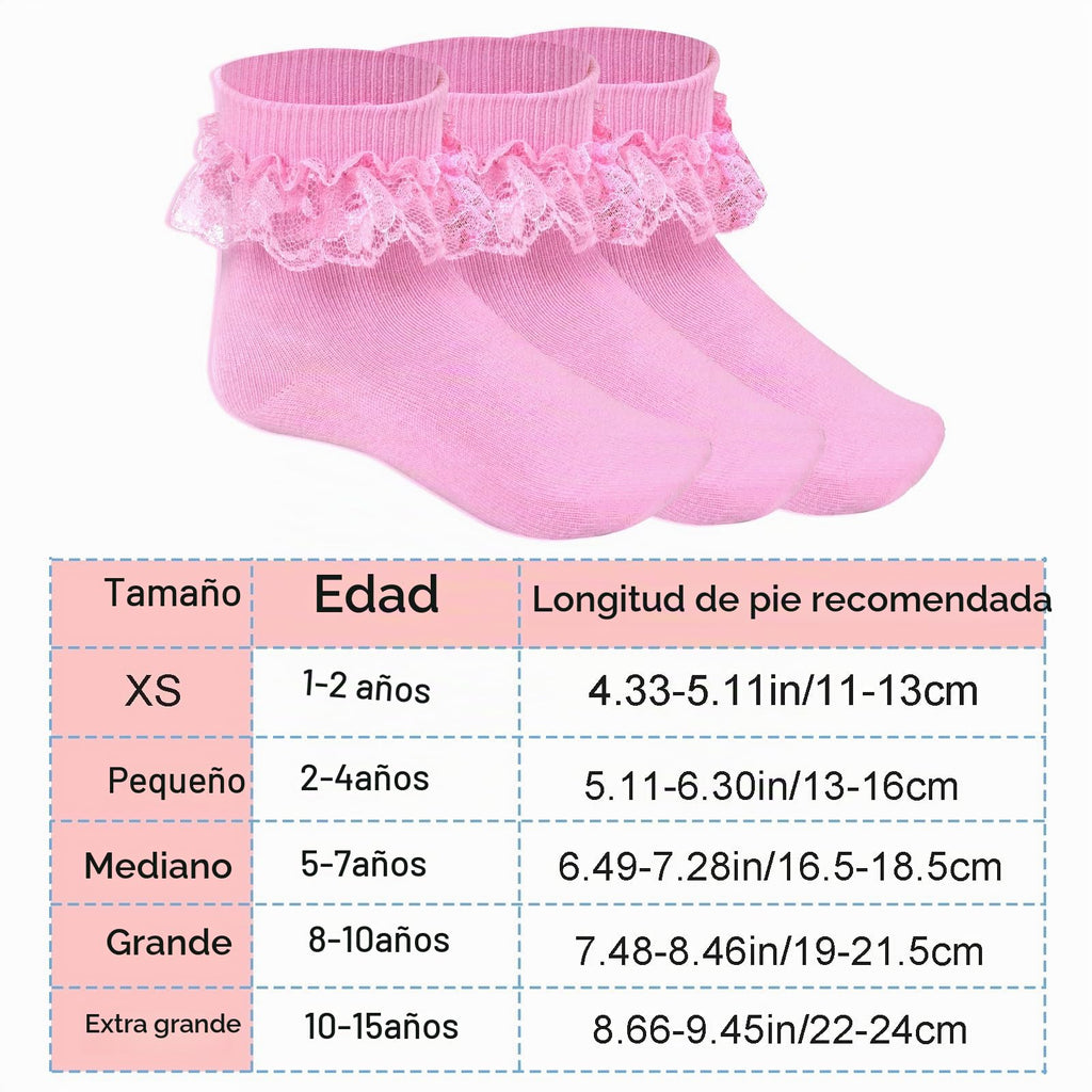 Pistha | Calcetines Nina Pack 3 Pares Volantes Encaje Doble Capa Rosa Tobillero Algodon Princesa Boda Comunion (2 - 15T)