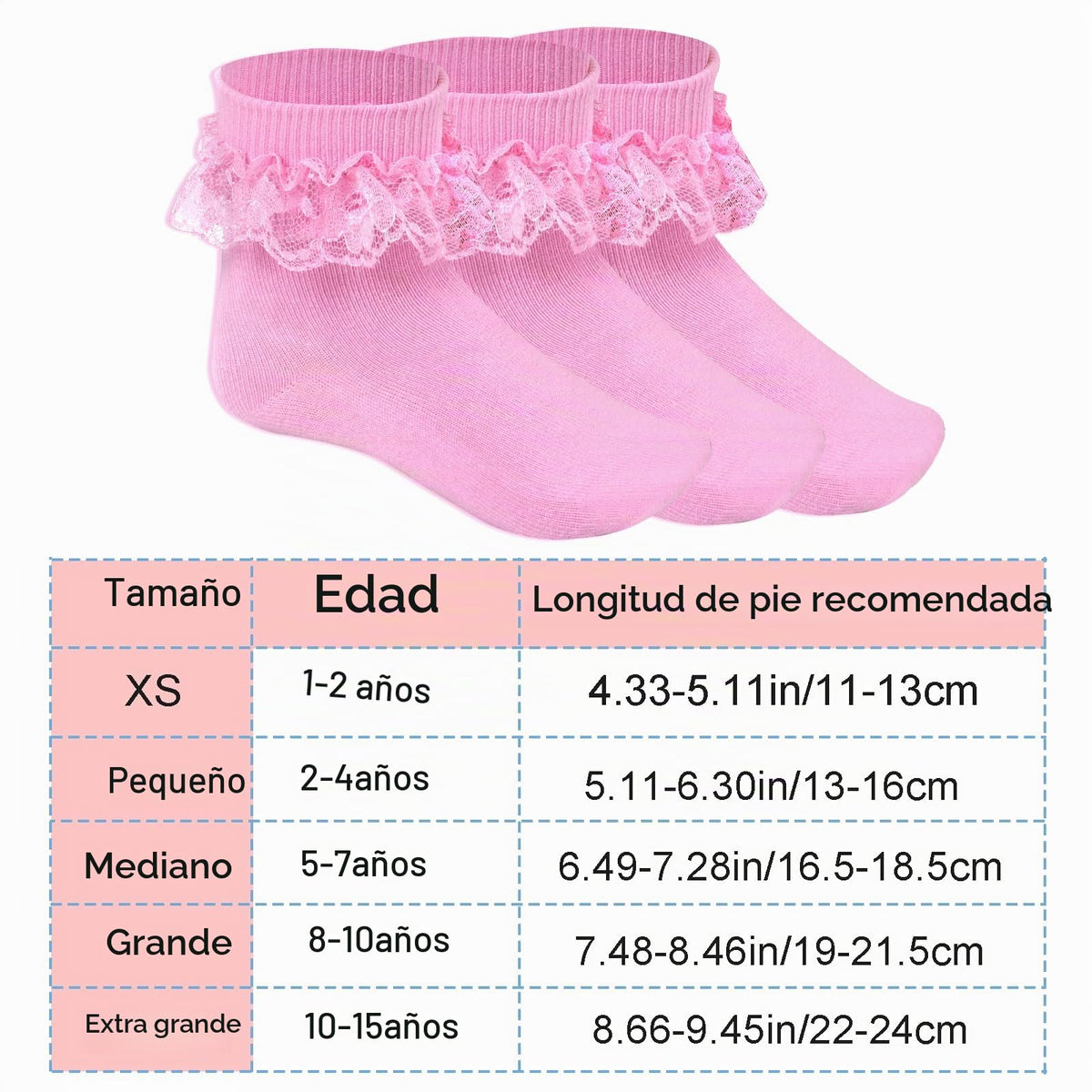 Pistha | Calcetines Nina Pack 3 Pares Volantes Encaje Doble Capa Rosa Tobillero Algodon Princesa Boda Comunion (2 - 15T)