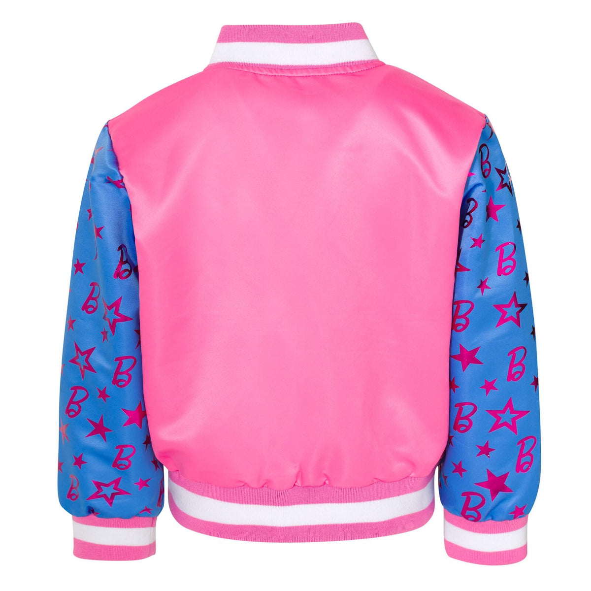 Chaqueta Bomber Varsity Barbie Oficial | Bicolor Rosa + Azul + 5 Parches Appliqüé + Mangas Raglán Estrellas | Niña (4-8T)