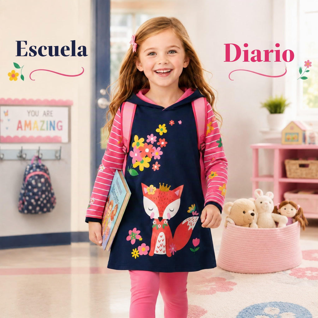 Vestido Hoodie de Zorro y Flores para Niñas – Manga Larga Azul Marino a Rayas, Algodón (3 - 12T)