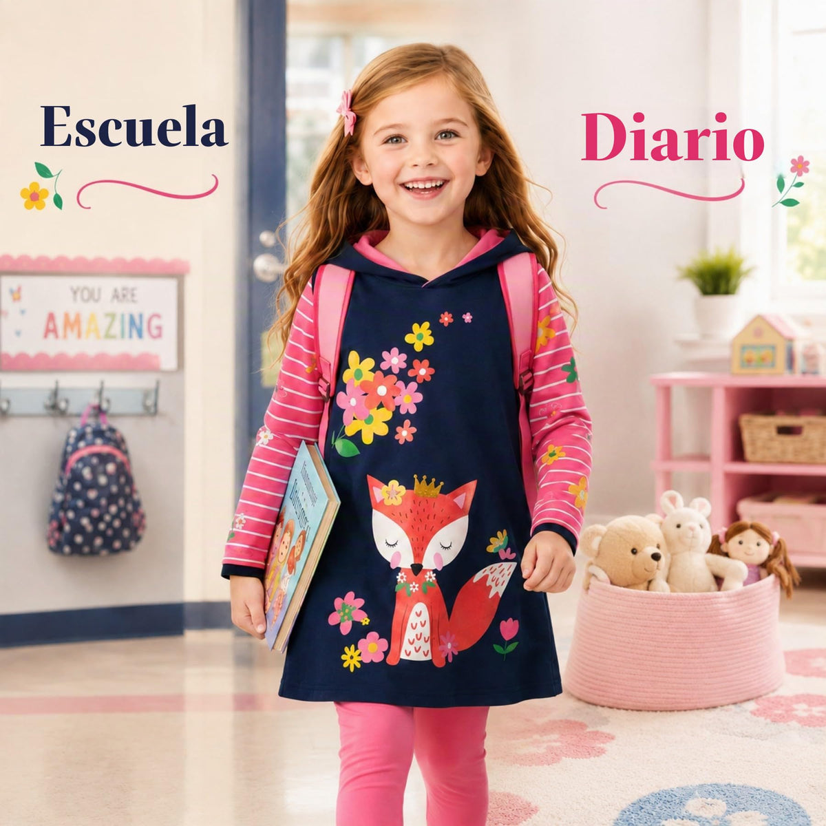 Vestido Hoodie de Zorro y Flores para Niñas – Manga Larga Azul Marino a Rayas, Algodón (3 - 12T)