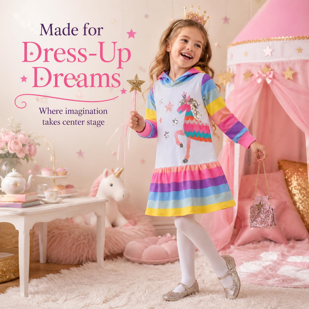 Vestido Hoodie de Unicornio para Niñas – Manga Larga Rayas Arcoíris con Lentejuelas, Algodón  (3 - 12T)