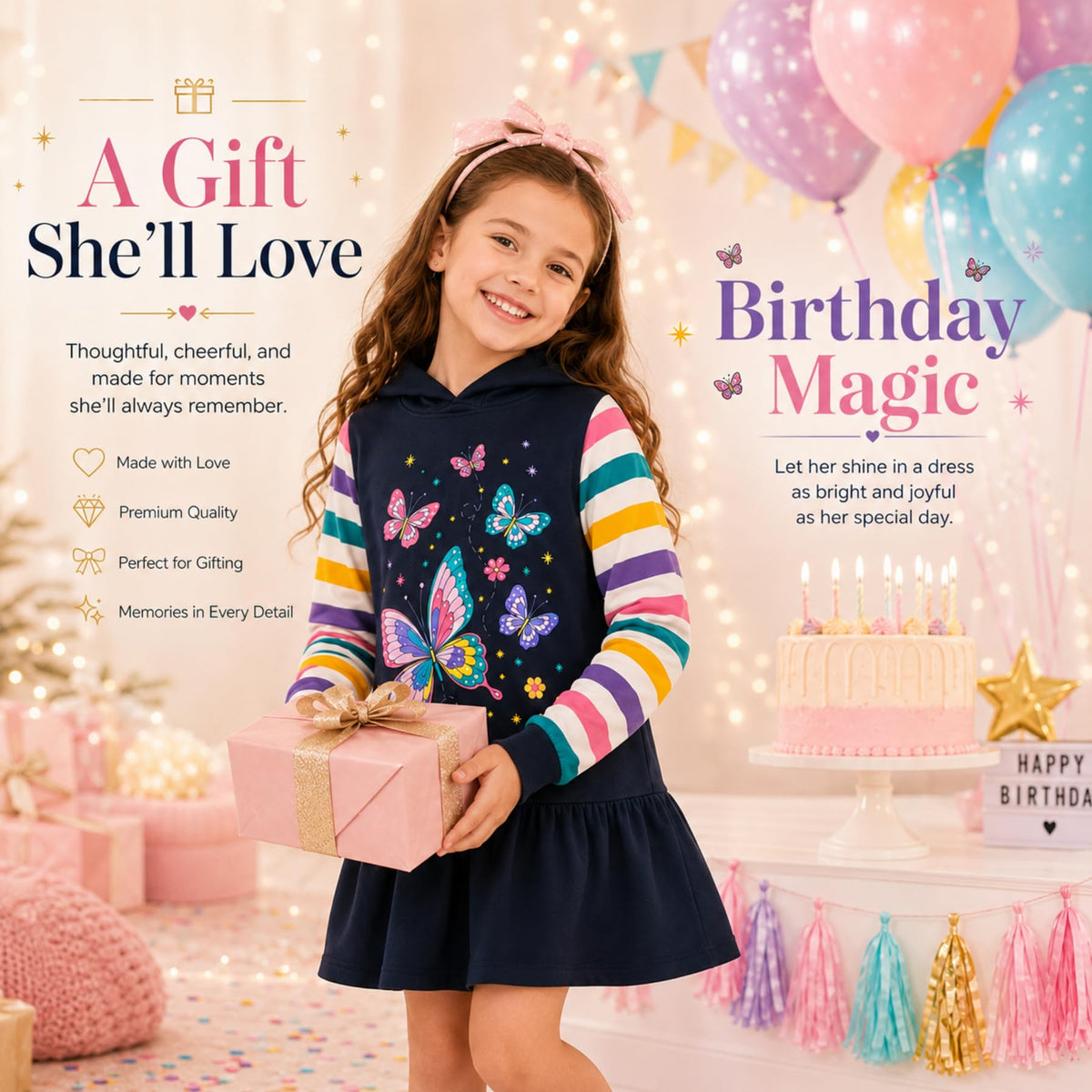 Vestido Hoodie de Mariposas para Niñas – Manga Larga Rayas Arcoíris, Algodón (3 - 12T)