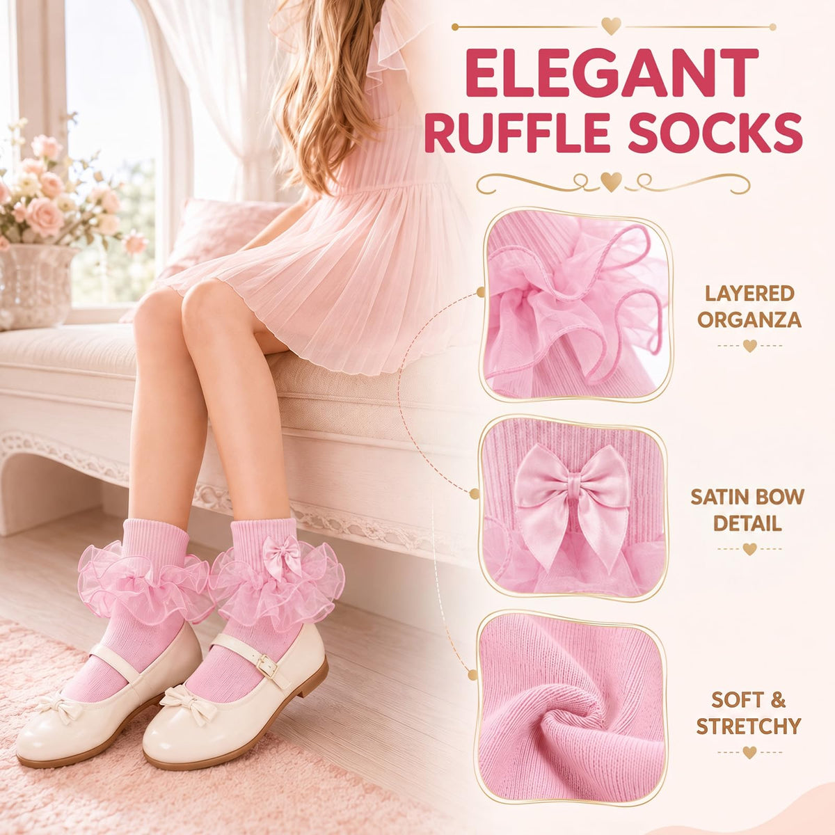 Calcetines Nina Volantes Encaje Tutu Doble Capa Lazo Cinta 3D Rosa Algodon Organza Princesa Boda Pascua (1 - 10T)