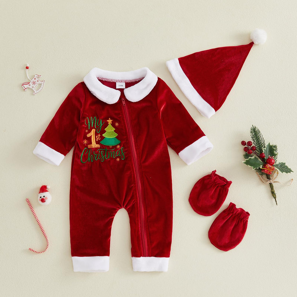 My 1st Christmas Velvet Romper | Mameluco Terciopelo Rojo Bebé — Cremallera + Bordado + Gorro Papa Noel + Manoplas