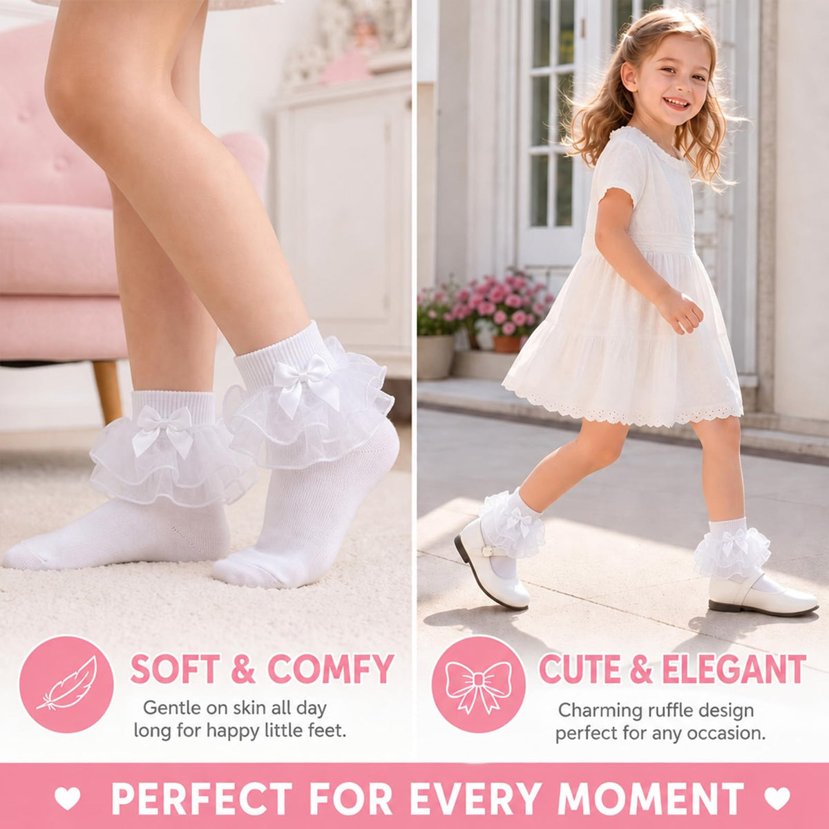 Calcetines Nina Pack 3 Pares Volantes Encaje Tutu Doble Capa Lazo Cinta 3D Blanco Organza Princesa Comunion Boda Uniforme (1 - 10T)