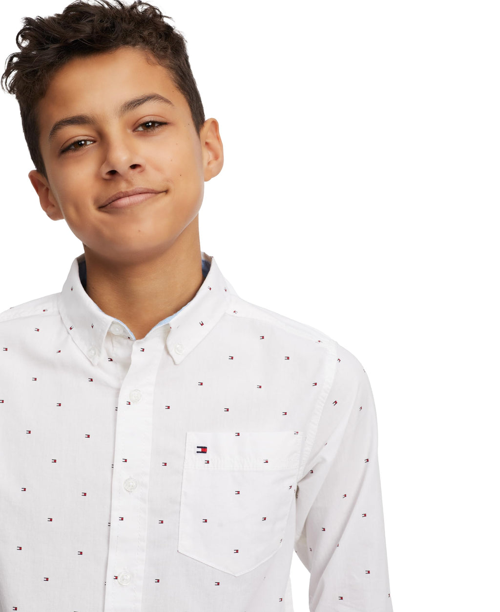 Tommy Hilfiger | Camisa Niño Manga Larga Estampado Logo All-Over Button-Down 100% Algodón Blanco (2 - 7T)