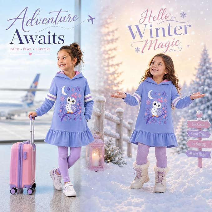 Vestido Hoodie de Búho para Niñas – Manga Larga Azul con Volante, Algodón (3 - 12T)