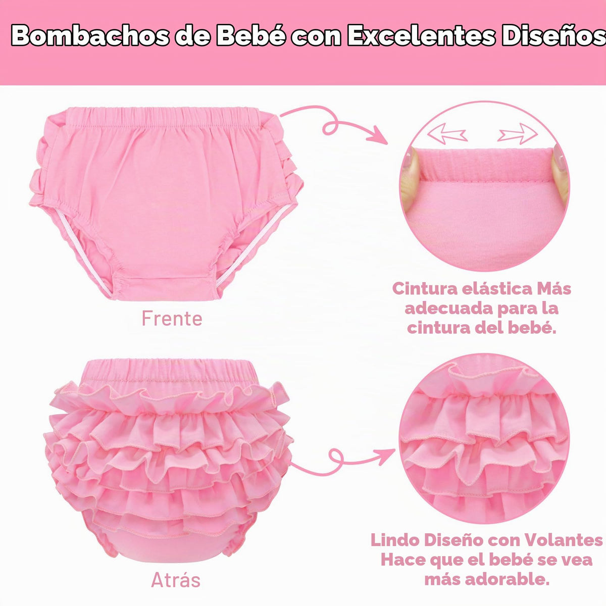 Olreco | Bloomer Bebé Niña Volantes Escalonados 100% Algodón Cintura Elástica Rosa Baby Shower Cumpleaños 0-24 Meses