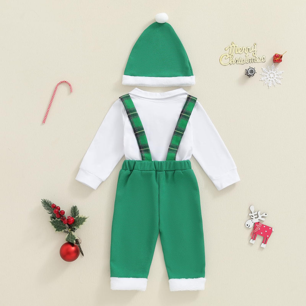 Little Gentleman Verde | Conjunto Navideño Bebé Niño Mameluco Blanco + Pantalon Tirantes Cuadros + Gorro