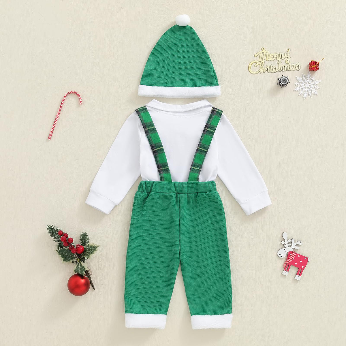 Little Gentleman Verde | Conjunto Navideño Bebé Niño Mameluco Blanco + Pantalon Tirantes Cuadros + Gorro