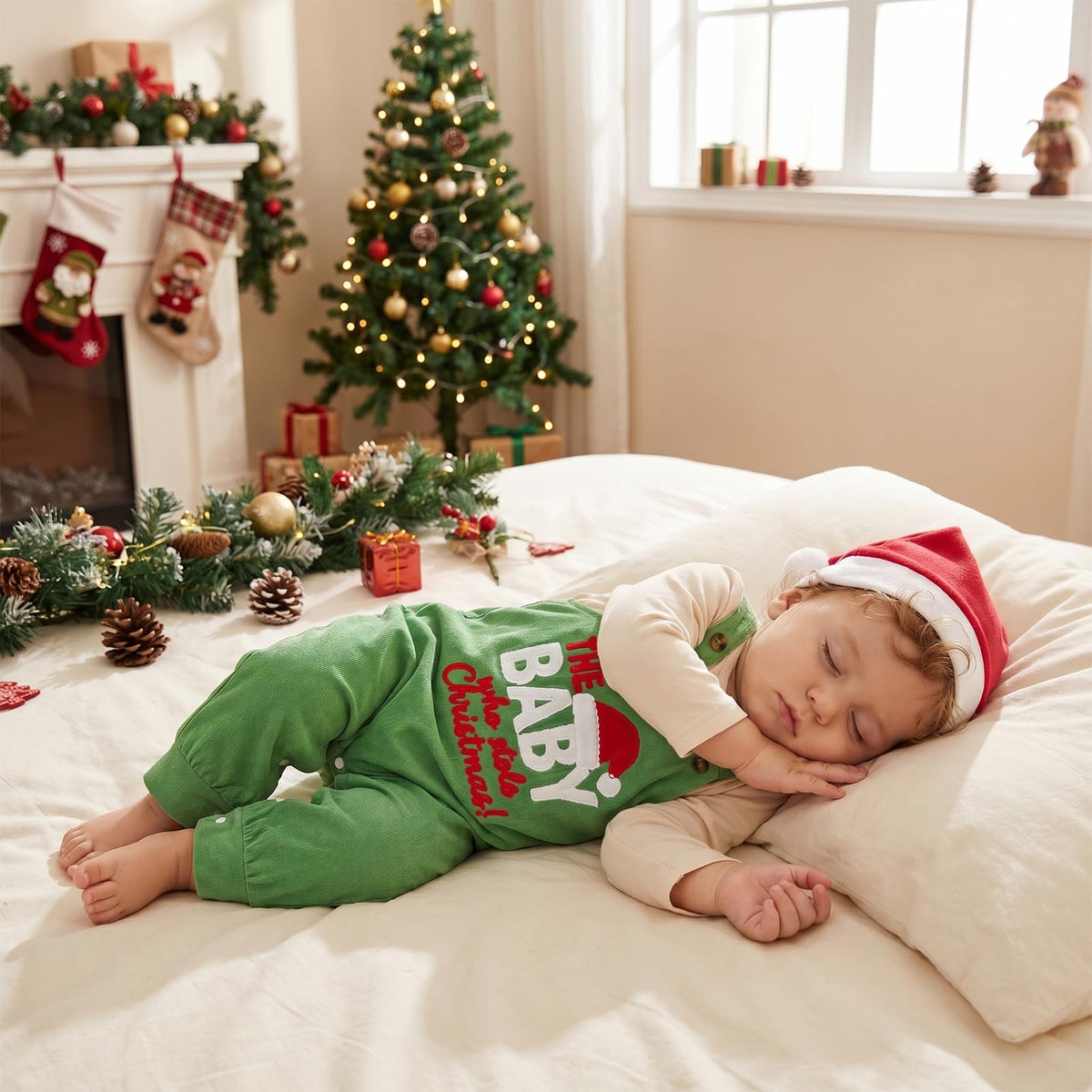 The Baby Who Stole Christmas | Conjunto 3 Piezas Bebé — Body Crema + Overol Verde + Gorro Papa Noel