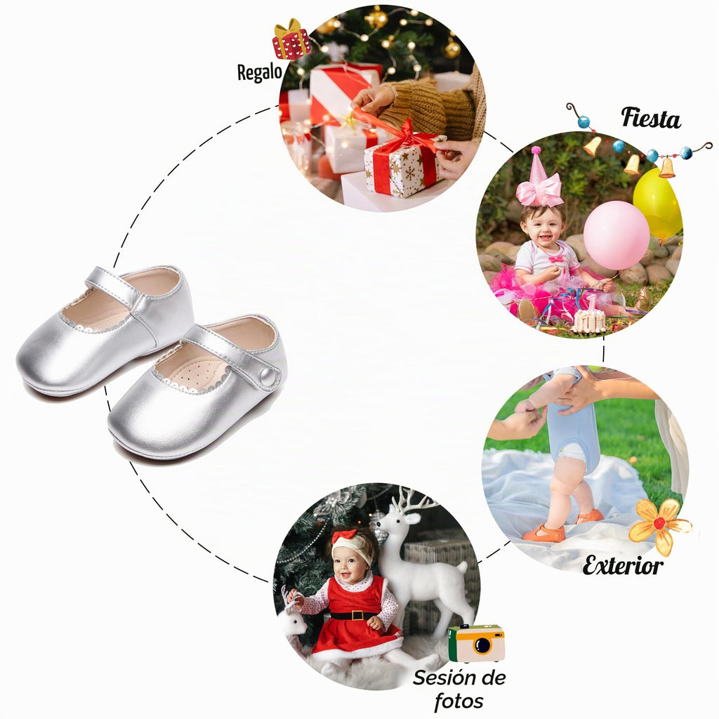 Zapatos de Vestir Antideslizantes de Suela Suave con Velcro para Bebé (Plateado) – Félix & Flora