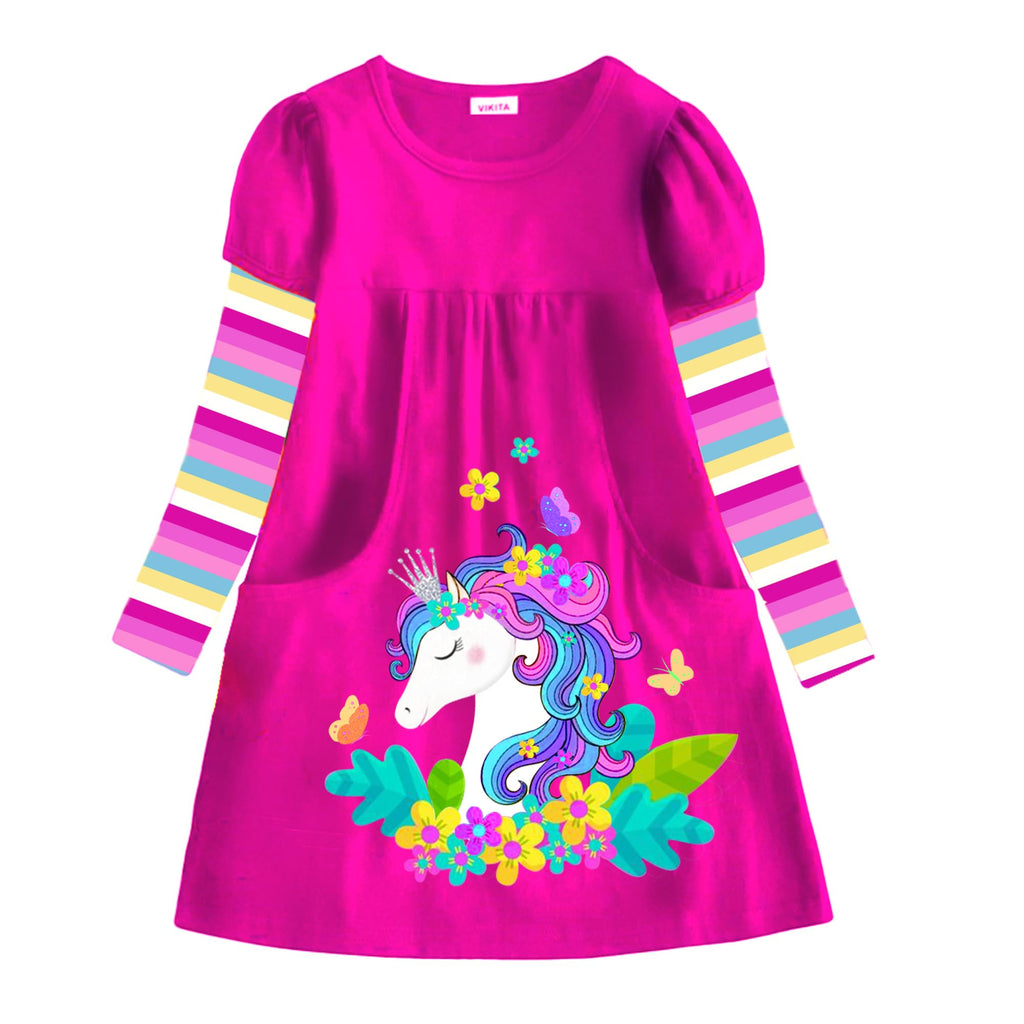Vestido Niña VIKITA | 100% Algodón + Unicornio Floral Gigante + Mangas Rayas Arcoíris | Fucsia/Rosa Cumpleaños (3-8 Años)