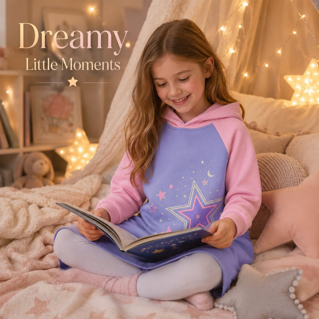 Vestido Hoodie de Estrellas para Niñas – Manga Larga Lila y Rosa, Algodón (3 - 12T)
