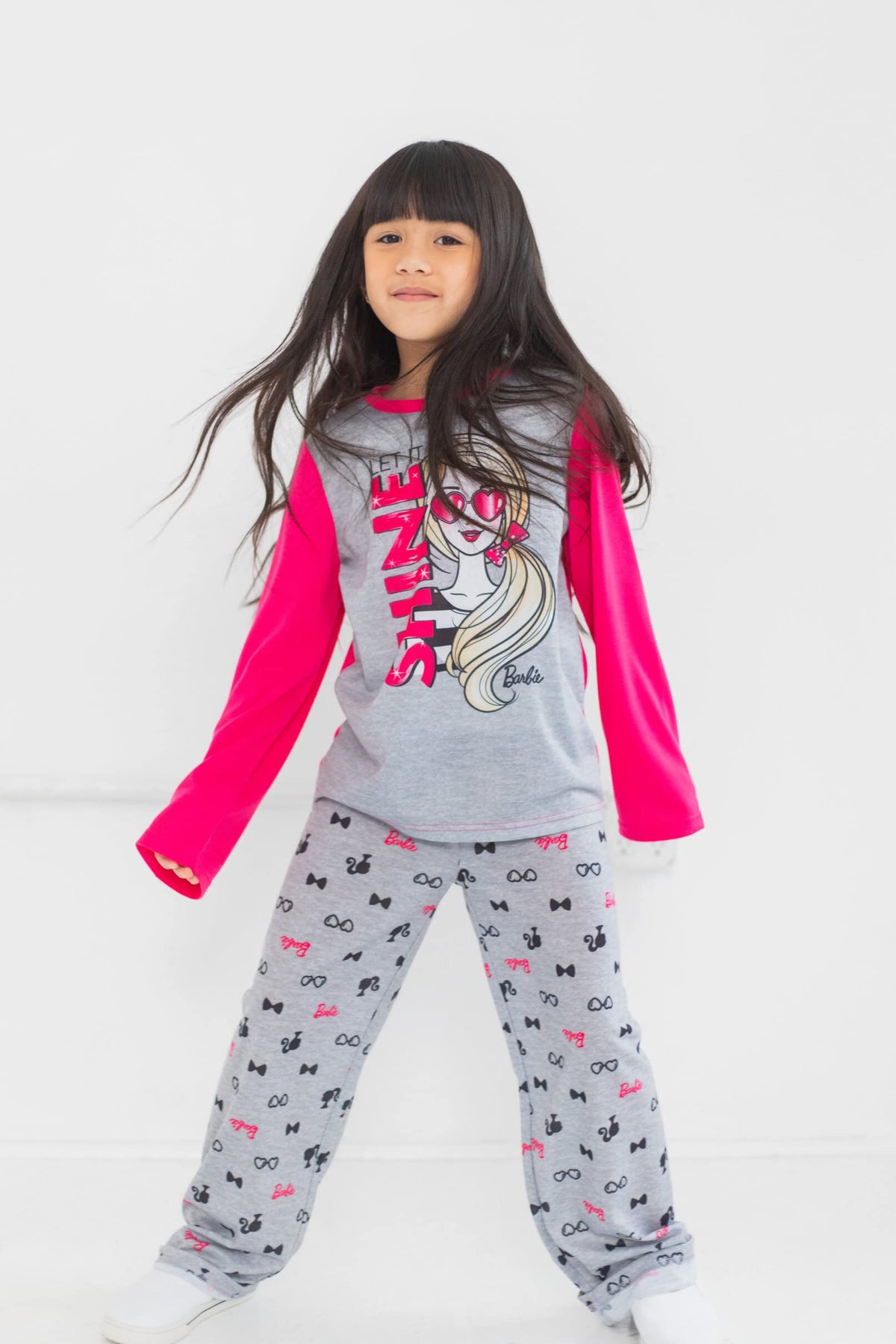 Pijama 2 Piezas Barbie Oficial Let It Shine | Raglán + Sublimación + Ignifugo | Niña Gris Rosa Manga Larga (4T -5-6T)