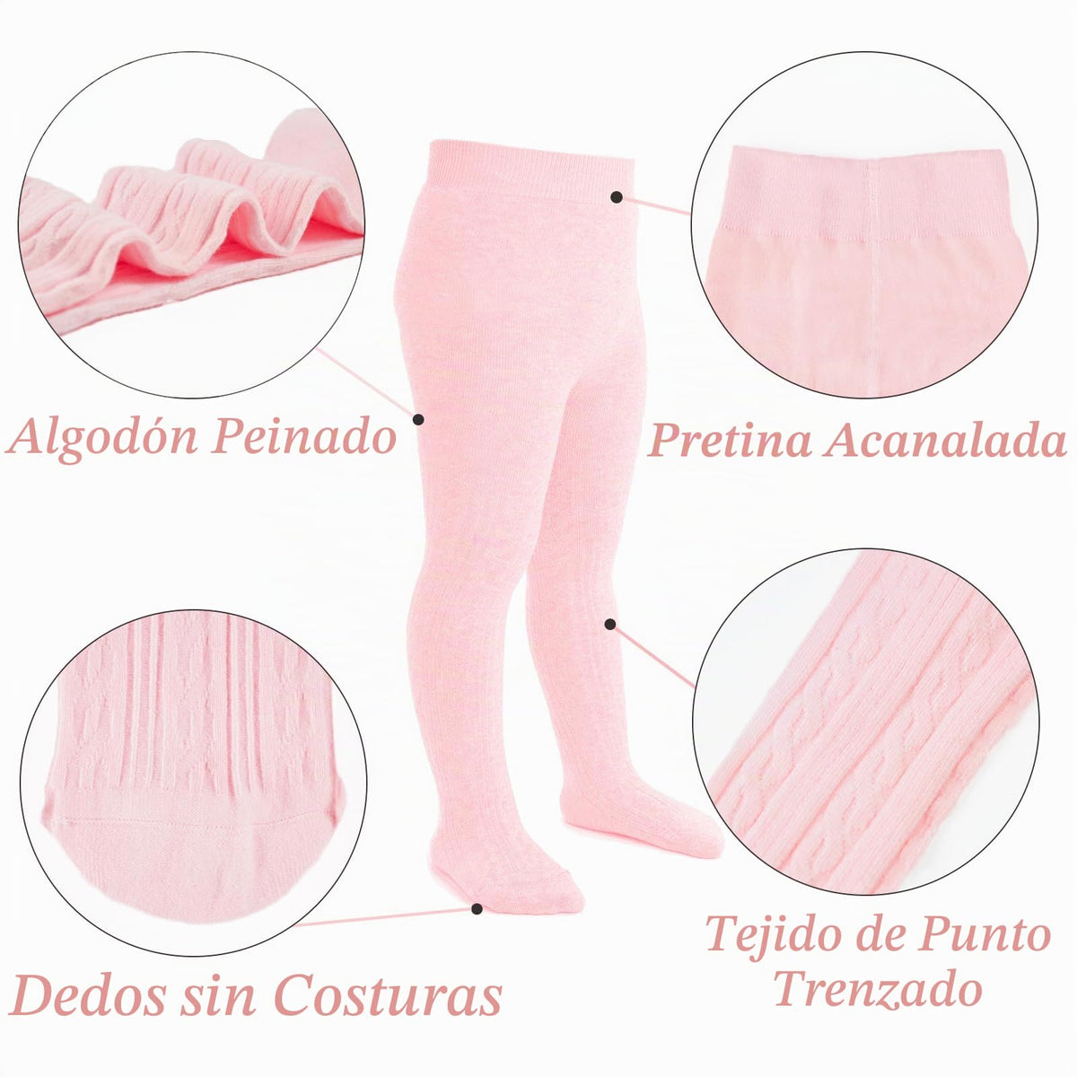 Pack 2 Mallas Punto Trenzado Cable Knit Mini Angel | Sin Costura + Algodón Peinado + Blanco y Rosa Claro | Bebé Niña 0-6 Años