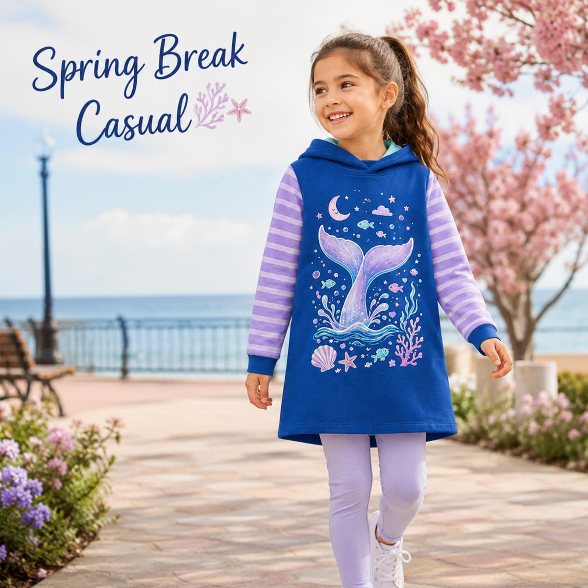 Vestido Hoodie de Sirena para Niñas – Manga Larga Azul con Rayas Lila, Algodón (3 - 12T)