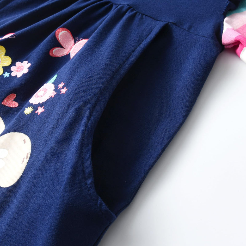 Vestido Niña ZJY | Algodón + Koala Bebé Floral + Mariposa + Corazones + Bolsillos | Navy/Arcoíris (3T - 8T)