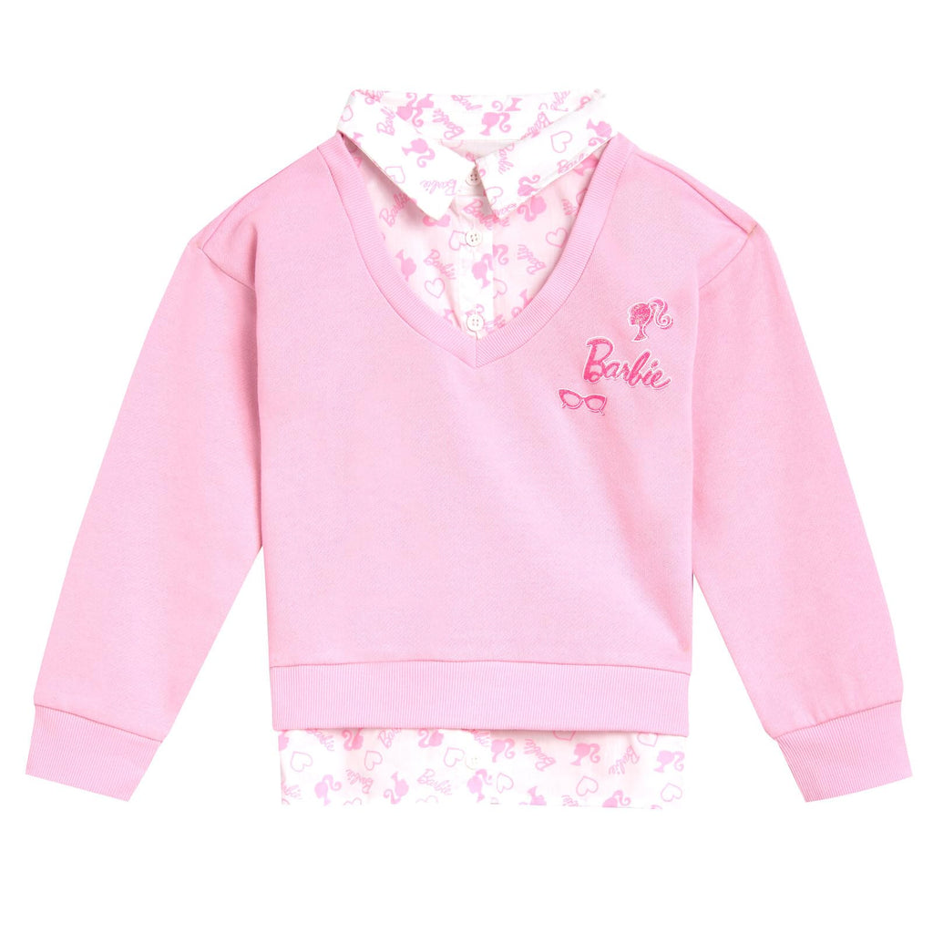 Conjunto Barbie 2 Piezas Niña | Sudadera 2-en-1 Efecto Capa + Leggings Iridiscentes Fucsia | Rosa Pastel Licencia Oficial (2T - 16T)