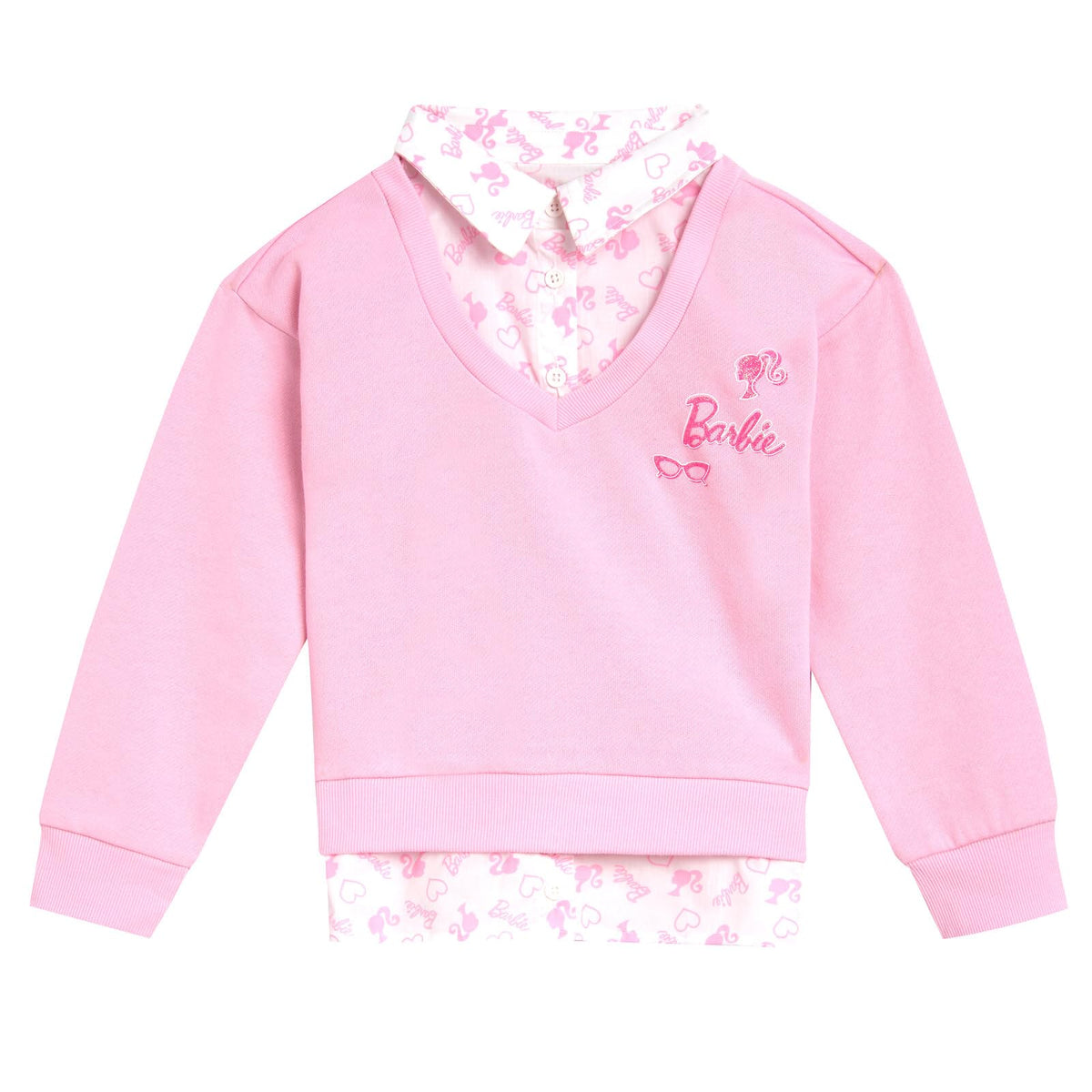 Conjunto Barbie 2 Piezas Niña | Sudadera 2-en-1 Efecto Capa + Leggings Iridiscentes Fucsia | Rosa Pastel Licencia Oficial (2T - 16T)