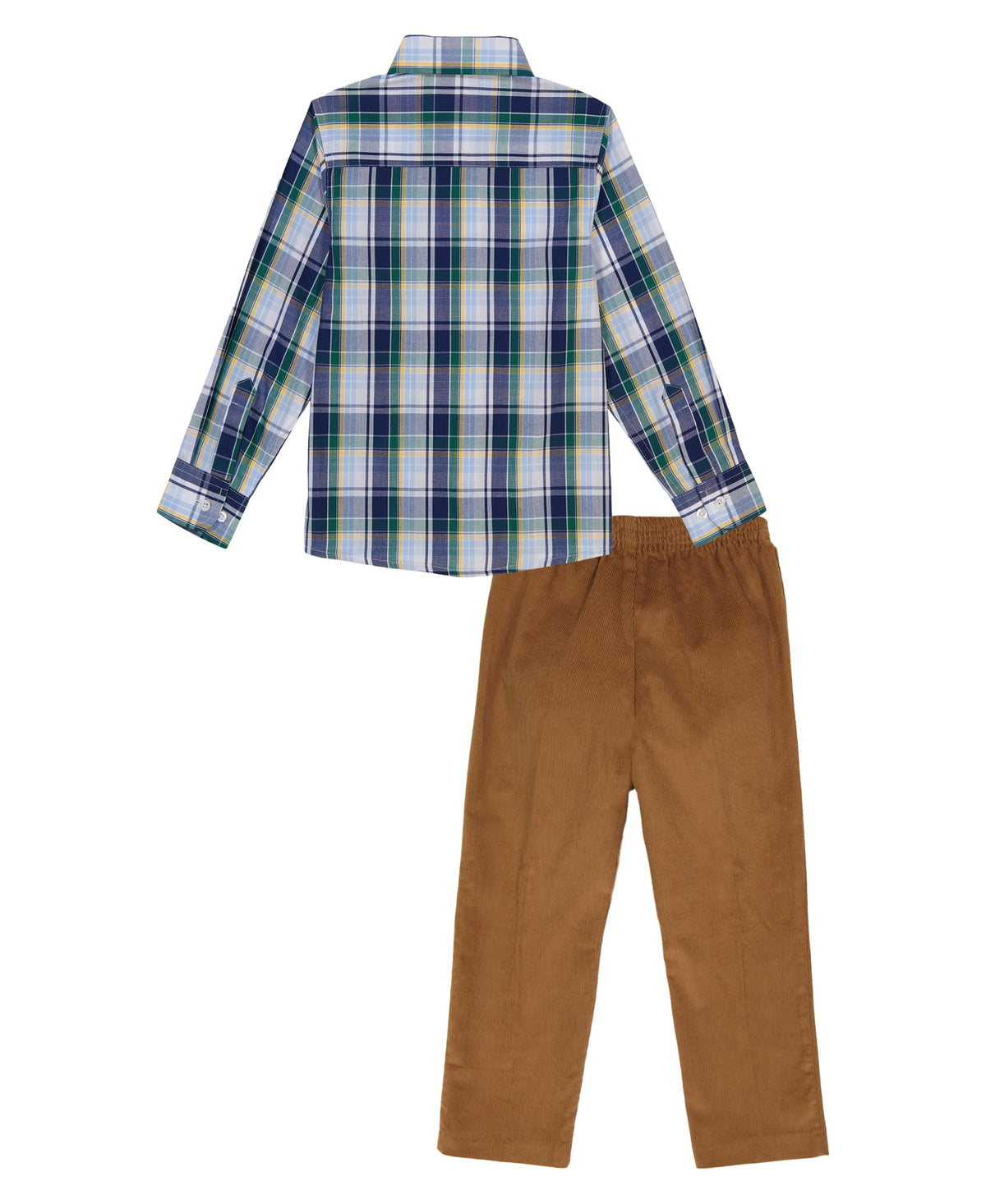 Conjunto Formal 2 Piezas IZOD | Camisa Cuadros Azul Navy Verde Button-Down + Pantalón Pull-Up Camel | Niño (Solo 5T)