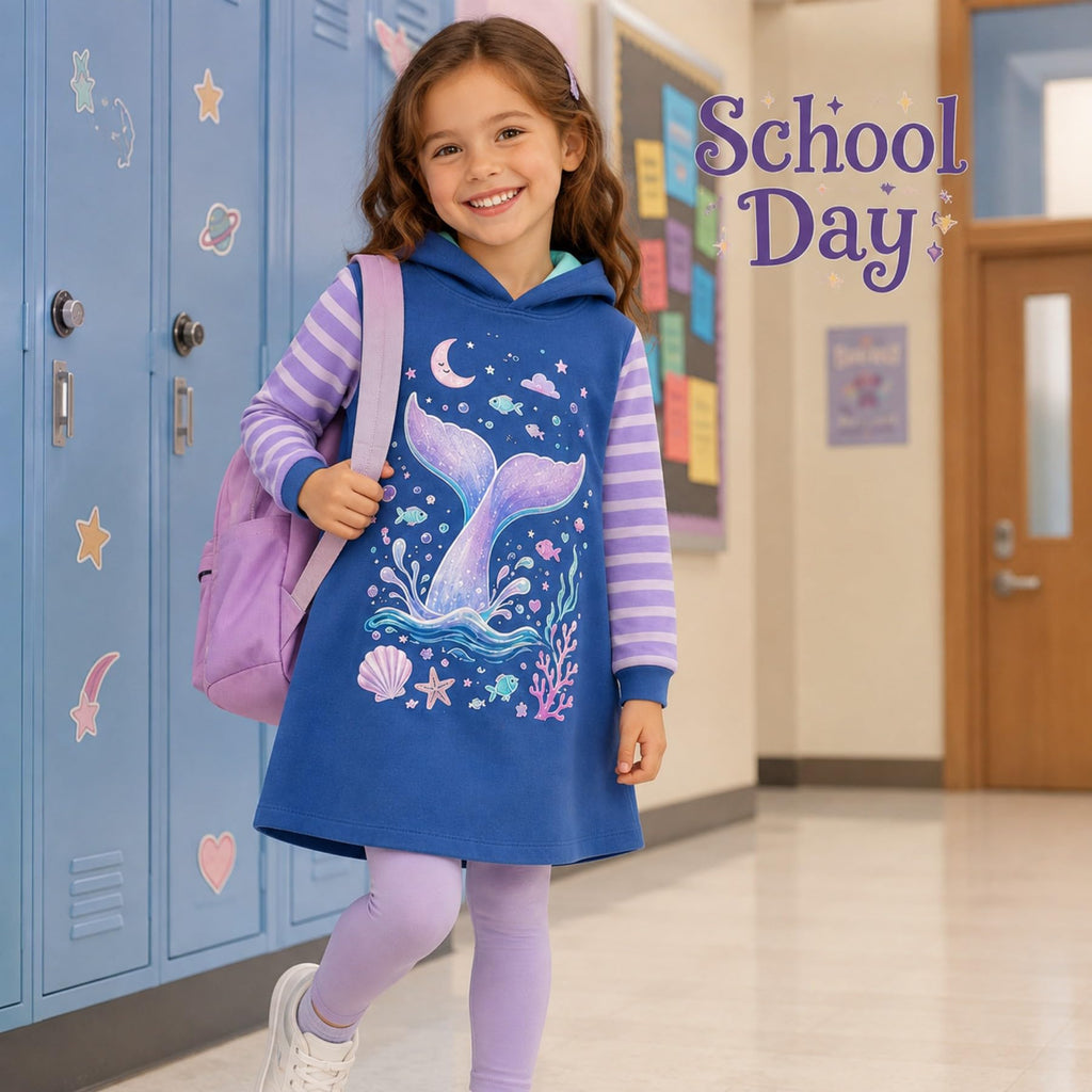 Vestido Hoodie de Sirena para Niñas – Manga Larga Azul con Rayas Lila, Algodón (3 - 12T)