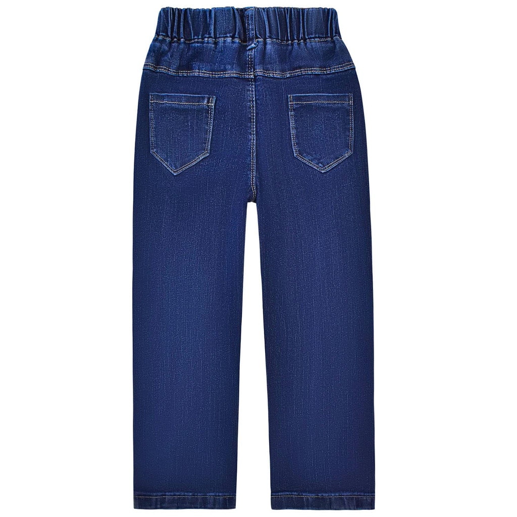 Jean Recto Tiro Alto Niña | Azul Marino Oscuro • Apliques Arcoíris Lentejuelas • Estrellas Multicolor