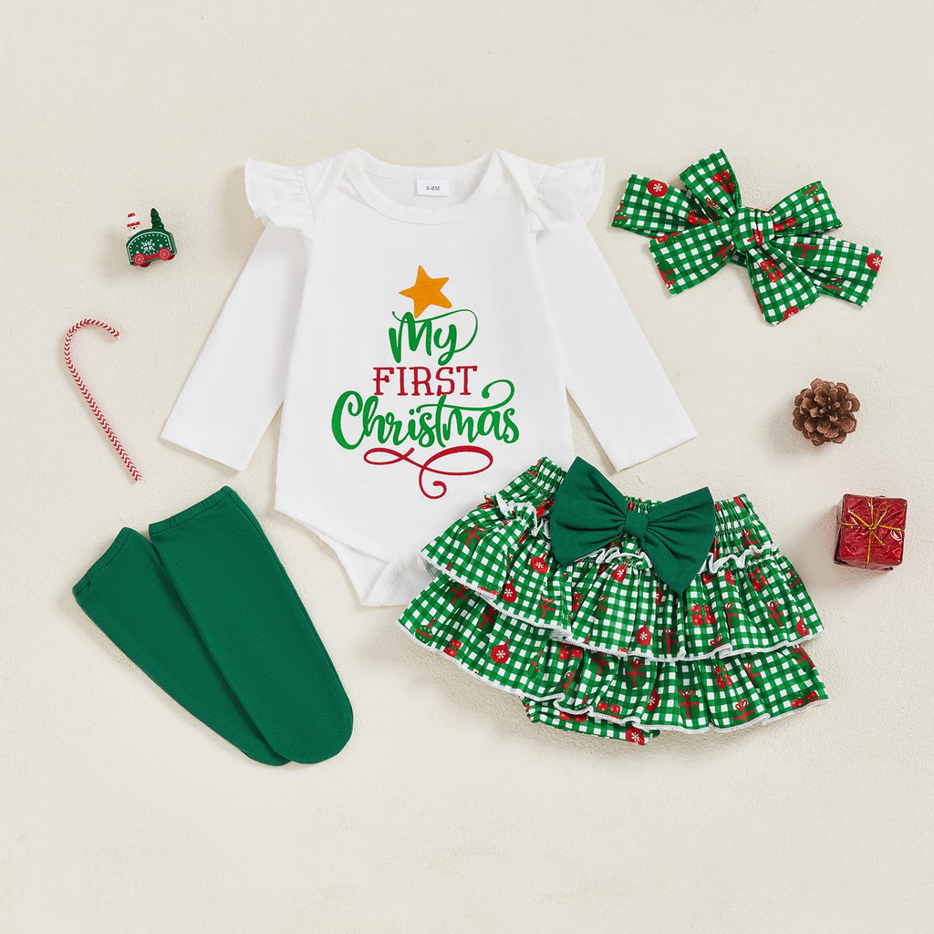 My First Christmas | Conjunto Navideño Bebé Niña Falda Cuadros Verde + Medias + Diadema