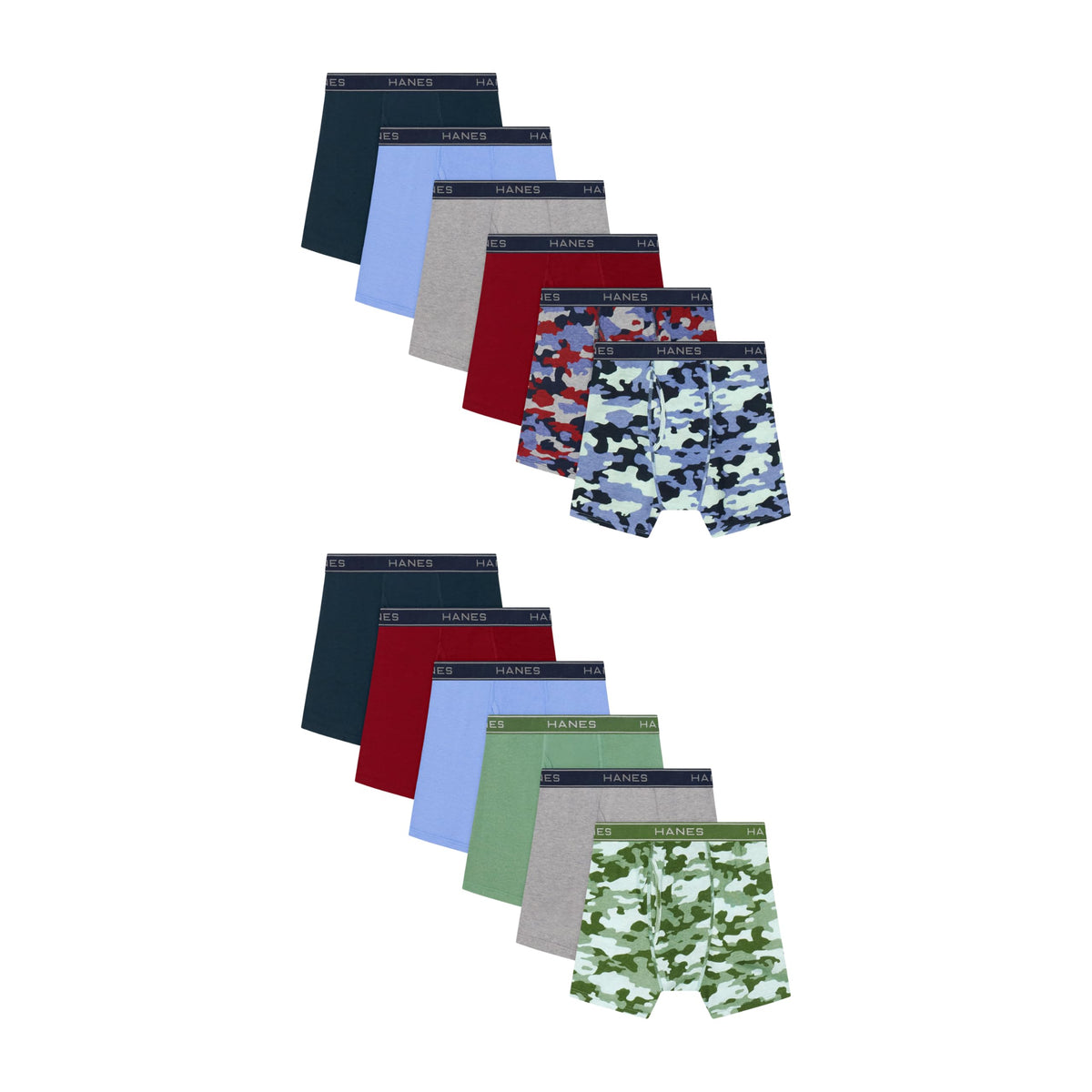 Hanes | Bóxers Niño Grande Pack 12 Algodón Absorbente Camo Rojo Azul Salvia Comfort Flex (6T - 16T)