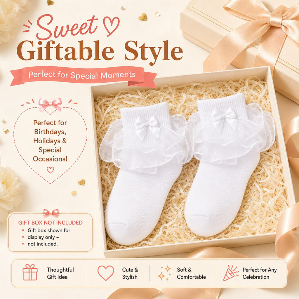Calcetines Nina Volantes Encaje Tutu Doble Capa Lazo Cinta 3D Blanco Algodon Organza Princesa Uniforme Comunion Boda  (1 - 10T)