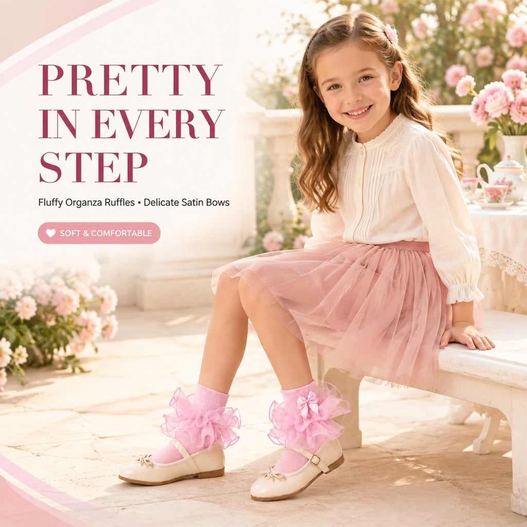 Calcetines Nina Volantes Encaje Tutu Doble Capa Lazo Cinta 3D Rosa Algodon Organza Princesa Boda Pascua (1 - 10T)