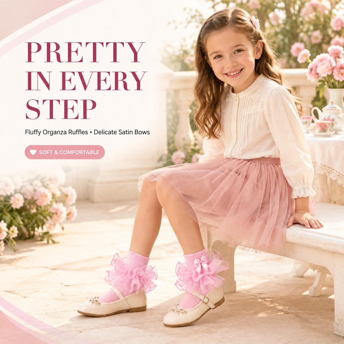 Calcetines Nina Volantes Encaje Tutu Doble Capa Lazo Cinta 3D Rosa Algodon Organza Princesa Boda Pascua (1 - 10T)