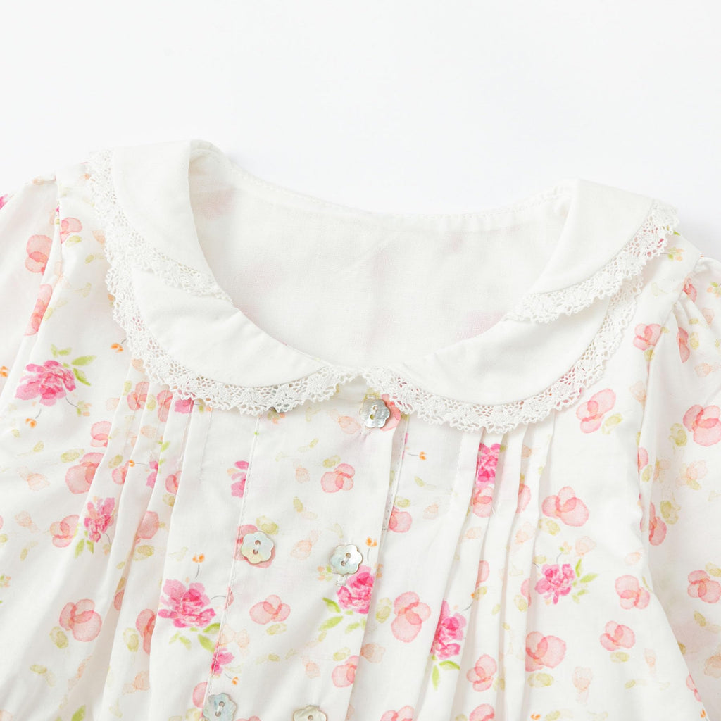 Vestido de Manga Larga 100% Algodón con Cuello con Volantes y Estampado Floral Rosa Suave para Niña (12M - 8T)