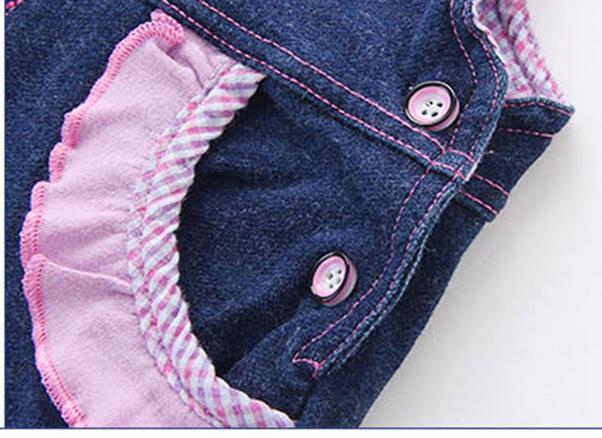 Overol Peto de Mezclilla | Conejito 3D + Mariposa Rosa + Cuadriculado Lila | Denim Navy | Niña/Bebé (3M-4A)