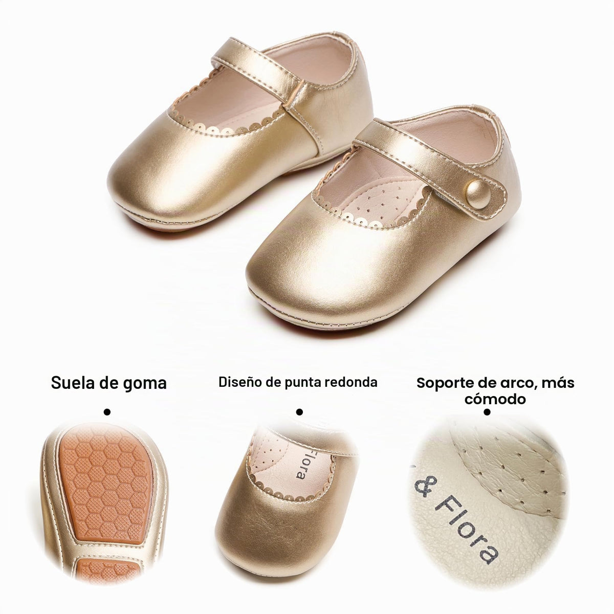 Zapatos de Vestir Antideslizantes de Suela Suave con Velcro para Bebé (Dorado) – Félix & Flora