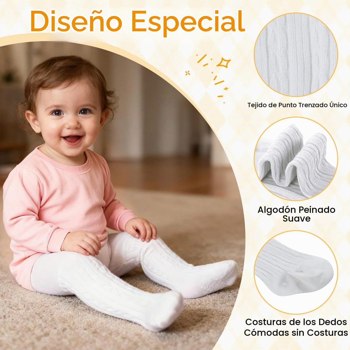 Malla Punto Trenzado Cable Knit American Trends | Sin Costura + Algodón Premium + Beige | Recién Nacida 0-12 Meses