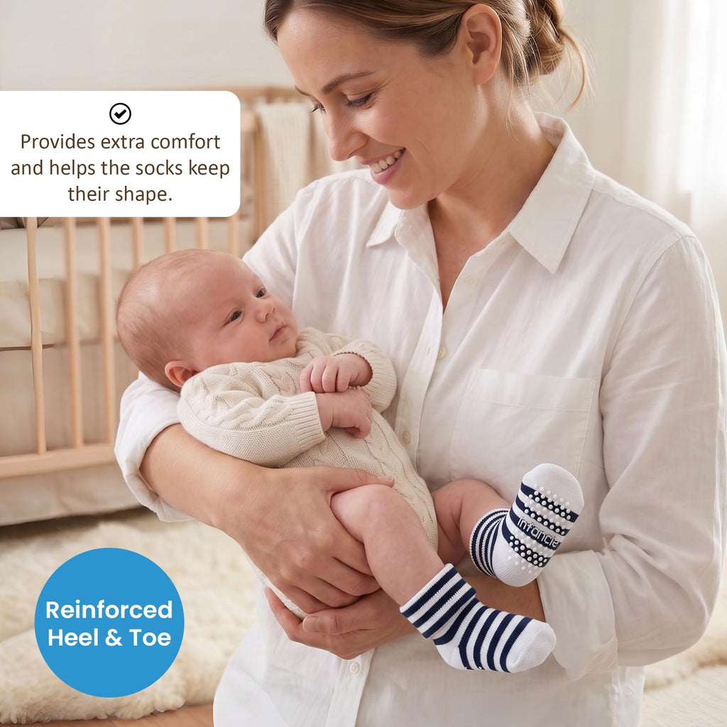 infancie | Calcetines Bebé Niño Pack 12 Algodón Orgánico GOTS Antideslizante Estampados Azul Gris 0-12 Meses