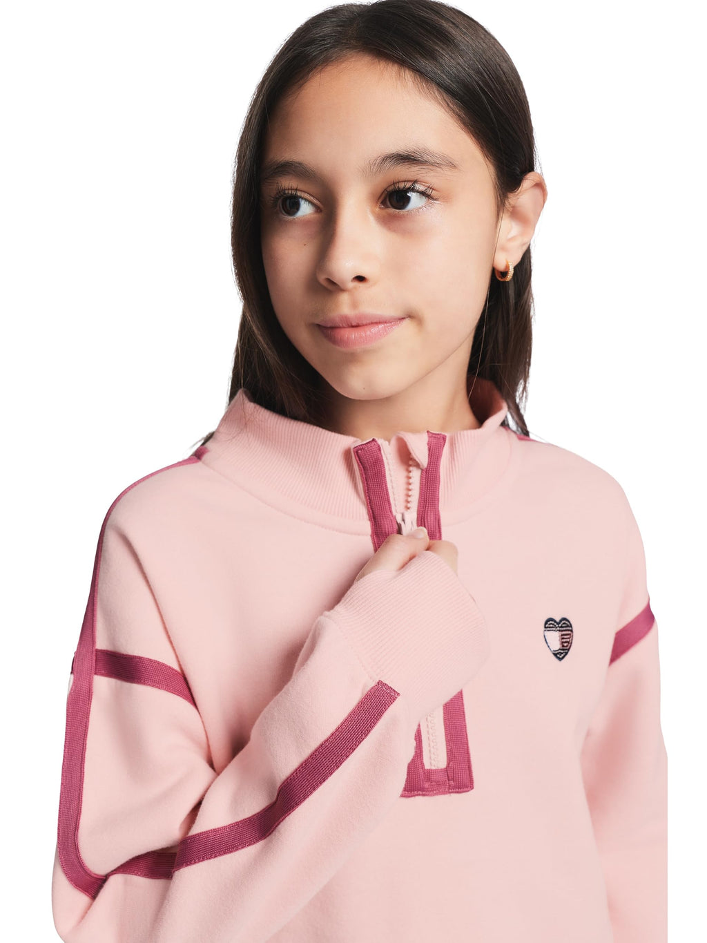 Quarter-Zip Fleece Tommy Hilfiger | Rosa Palo + Rayas Mauve + Parche Corazón Lentejuelas + Puños Acanalados | Niña (7T - 14T)