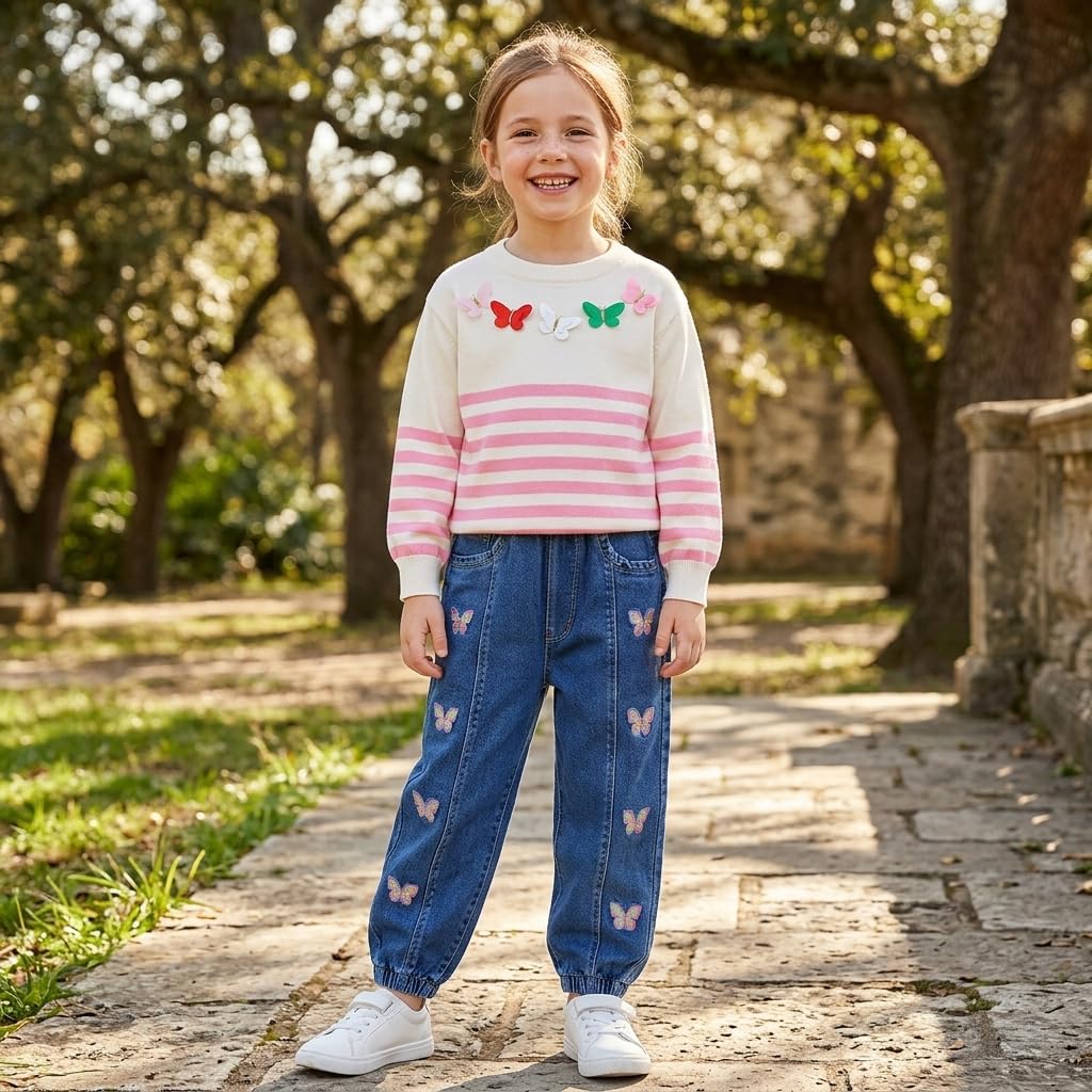 Conjunto 2 Piezas para Niña: Suéter con Mariposas 3D y Jogger Jeans Bordados