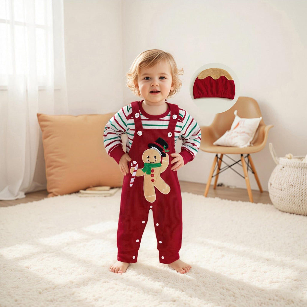 Gingerbread Newborn Set | Conjunto 3 Piezas Bebé — Body Rayas + Overol Rojo + Gorro Navideño