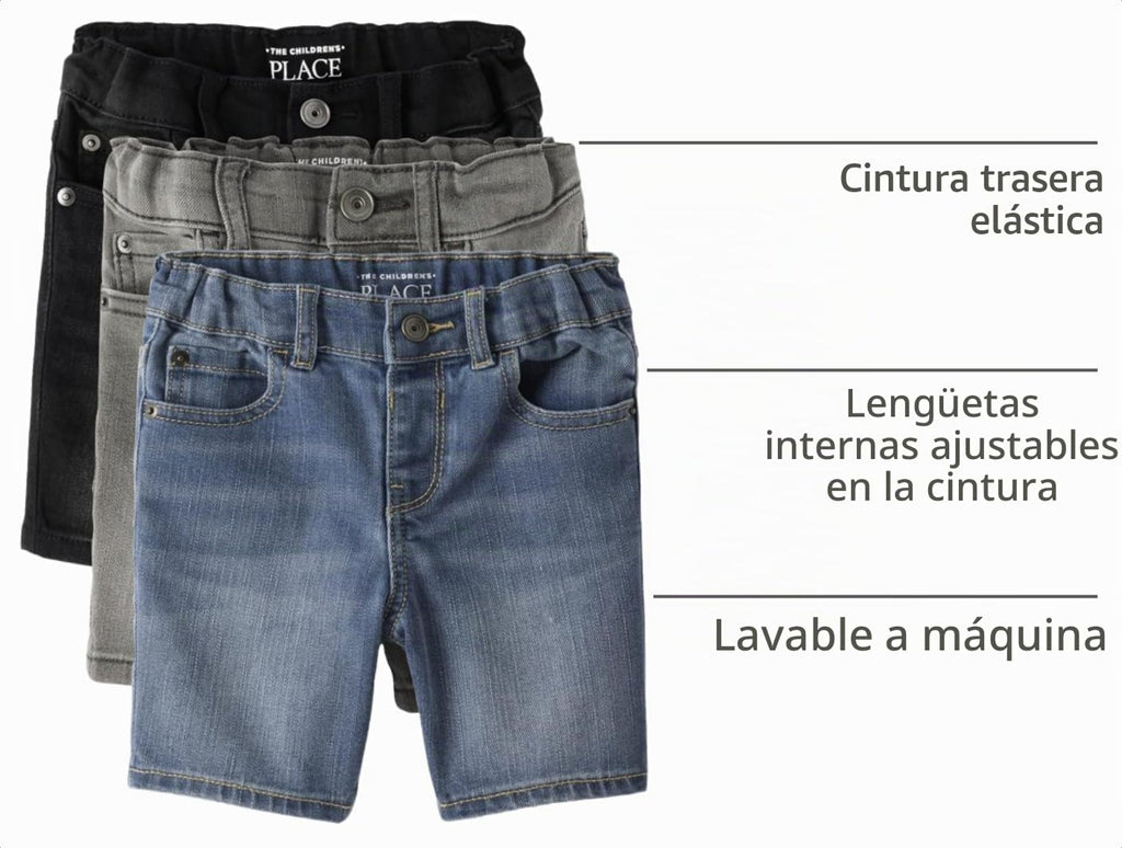 The Children's Place Pack 3 Shorts Denim Stretch Niño | Negro + Gris + Azul • Cintura EZ-Fit • 5 Bolsillos
