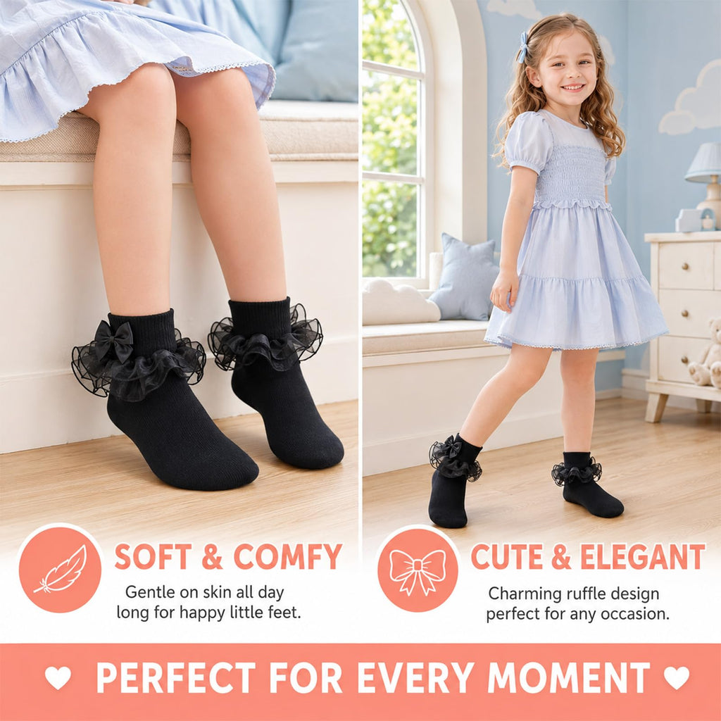 Calcetines Nina Pack 3 Pares Volantes Encaje Tutu Doble Capa Lazo Cinta 3D Blanco Rojo Negro Algodon Organza Princesa Navidad Boda (1 - 10T)