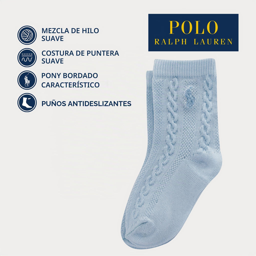 Polo Ralph Lauren | Calcetines Bebé Pack 3 Algodón Orgánico Textura Cable Azul Suave Blanco Agarres